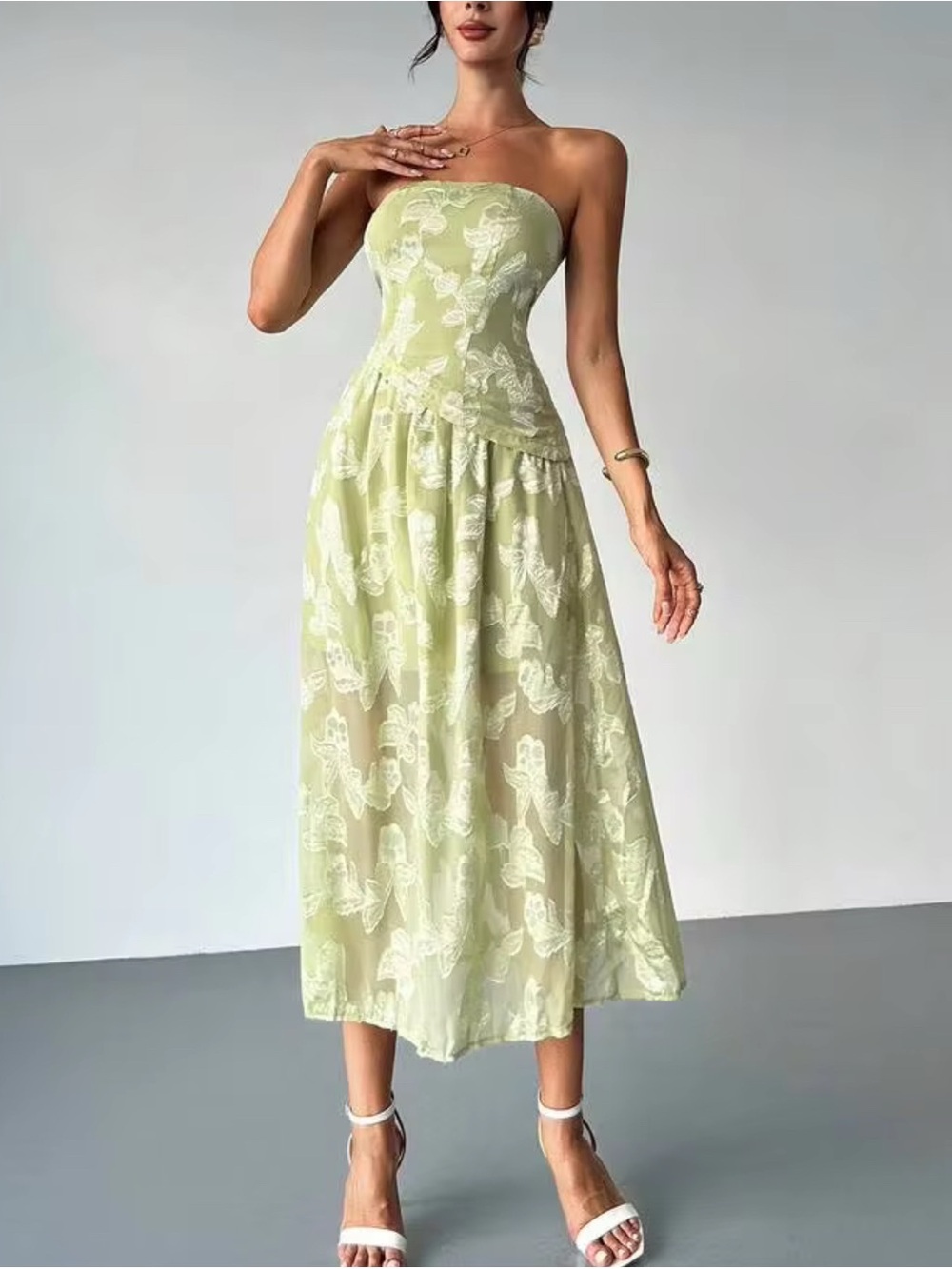 Strapless Green Lace-Overlay Midi Dress